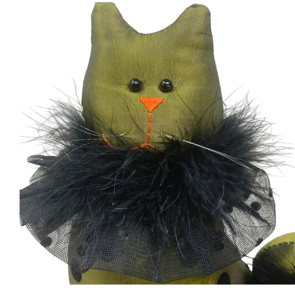 Halloween Cat Doorstop Weighted Plush Black Feather Decor Olive Green Polka Dot